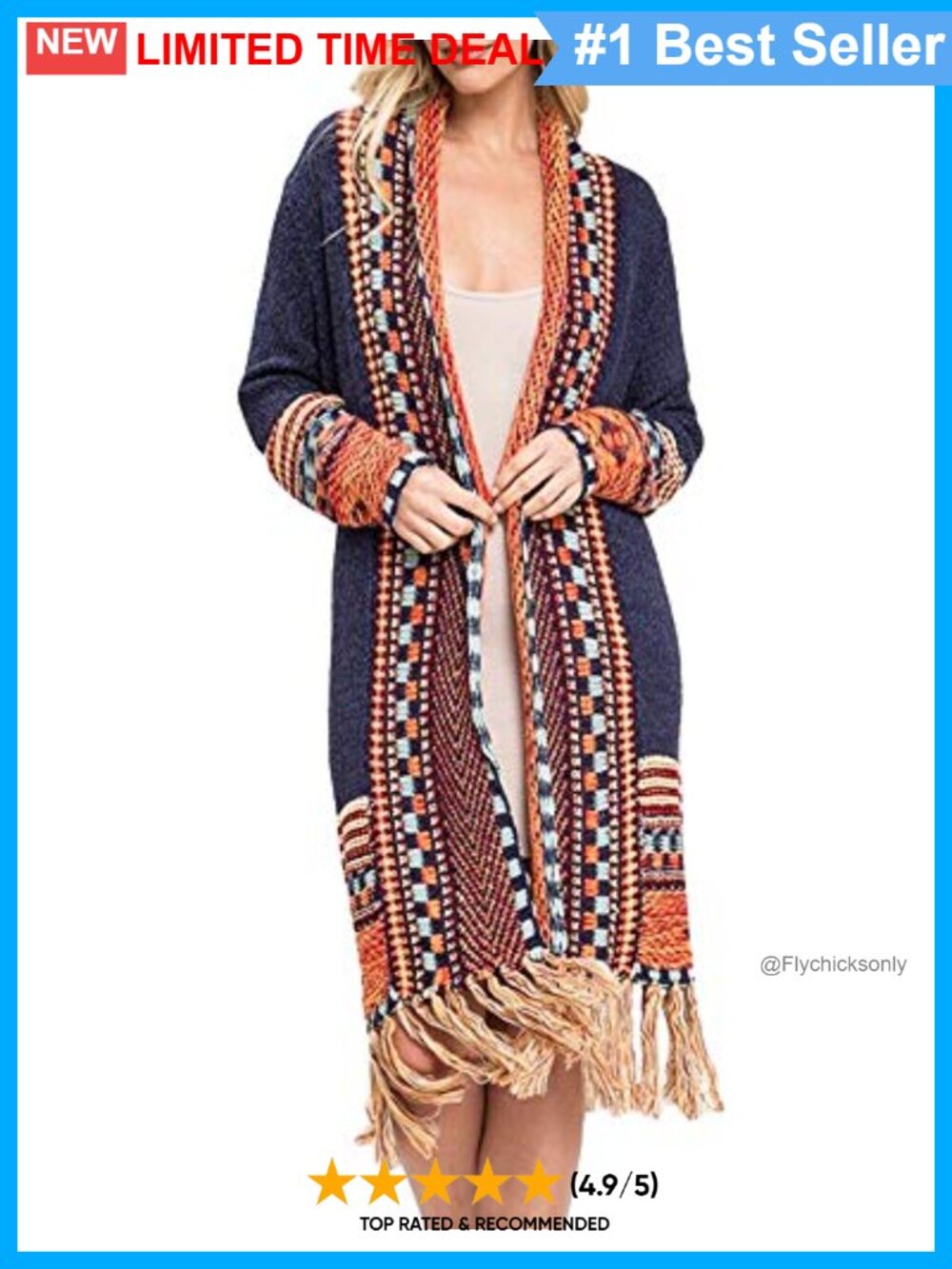 Boho Open Front Maxi Cardigan Sweater Tassel Fringe Aztec Tribal Knit